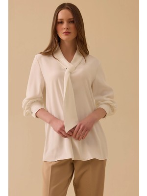 Seçil Kadın Fular Yakalı Krep Bluz 0015 Ekru