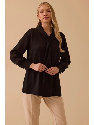 Seçil Kadın Fular Yakalı Krep Bluz 0015 Siyah