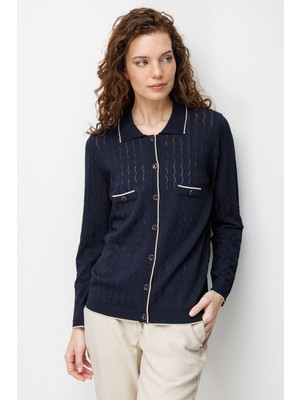 Desen Triko Kadın Polo Yaka Ajurlu Araboy Ince Triko Hırka 26356 Koyu Lacivert