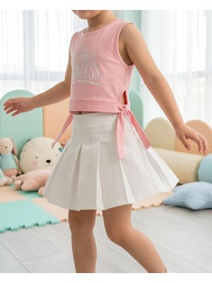 Ecoo Kız Çocuk Baskılı Atlet Etek Takım Yazlık Şık 2’li Takım Pembe Crop Üst Beyaz Pileli Etek