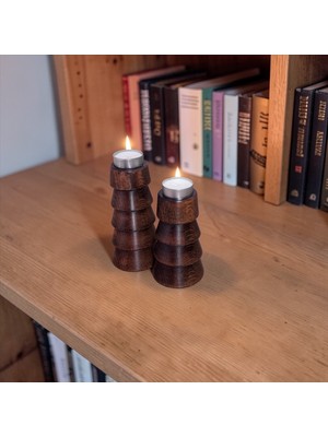 Sienta Home Dekoratif 2'li Doğal Ahşap Şamdan Mumluk Seti Çam Ağacı - Kestane