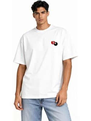 Camblys Unisex Kadın Erkek 2 Ikili Bilardo Topu Ön Baskılı Oversize Kalın Kumaş Bol Kesim Pamuklu T-Shirt