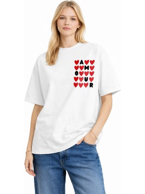 Camblys Unisex Kadın Erkek Amour Çok Kalpli Ön Baskılı Oversize Kalın Kumaş Bol Kesim Pamuklu T-Shirt
