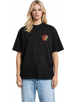Camblys Unisex Kadın Erkek Kırmızı Elma Tasarımlı Ön Baskılı Oversize Kalın Kumaş Bol Kesim Pamuklu T-Shirt