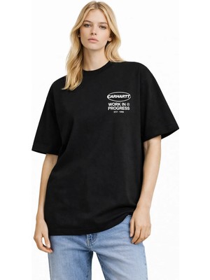 Camblys Unisex Kadın Erkek Carhart Work In Progress Baskılı Oversize Kalın Kumaş Bol Kesim Pamuklu T-Shirt