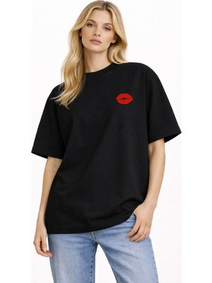 Camblys Unisex Kadın Erkek Kırmızı Dudak Ön Baskılı Oversize Kalın Kumaş Bol Kesim Pamuklu T-Shirt