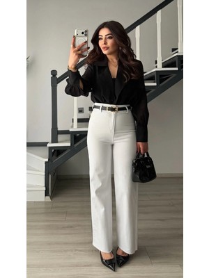 Elisin Beyaz Kemerli Full Likra Straight Jean