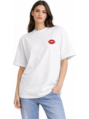 Camblys Unisex Kadın Erkek Kırmızı Dudak Ön Baskılı Oversize Kalın Kumaş Bol Kesim Pamuklu T-Shirt