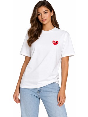 Camblys Unisex Kadın Erkek Kırık Kalp Comme Ön Baskılı Oversize Kalın Kumaş Bol Kesim Pamuklu T-Shirt