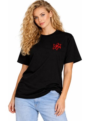 Camblys Unisex Kadın Erkek Kırmızı Çiçek Ön Baskılı Oversize Kalın Kumaş Bol Kesim Pamuklu T-Shirt