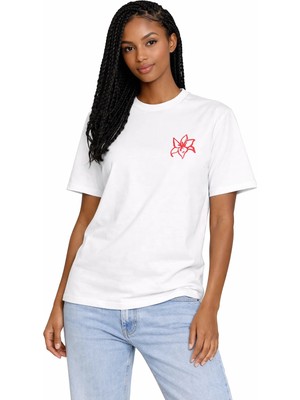 Camblys Unisex Kadın Erkek Kırmızı Çiçek Ön Baskılı Oversize Kalın Kumaş Bol Kesim Pamuklu T-Shirt