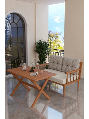 Kaktüs Avm Bahçe Balkon Takımı Masif Fırınlanmış Gürgen Ahşap 2 Kişilik Koltuk + Masa