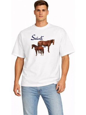 Camblys Unisex Kadın Erkek Saint At Baskılı Ön Baskılı Oversize Kalın Kumaş Bol Kesim Pamuklu T-Shirt