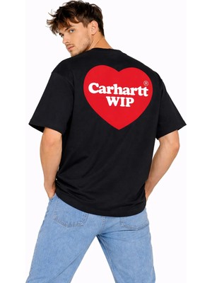 Camblys Unisex Kadın Erkek Carhart Wıp Sırt ve Ön Baskılı Oversize Kalın Kumaş Bol Kesim Pamuklu T-Shirt