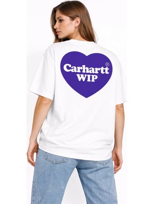 Camblys Unisex Kadın Erkek Carhart Wıp Sırt ve Ön Baskılı Oversize Kalın Kumaş Bol Kesim Pamuklu T-Shirt