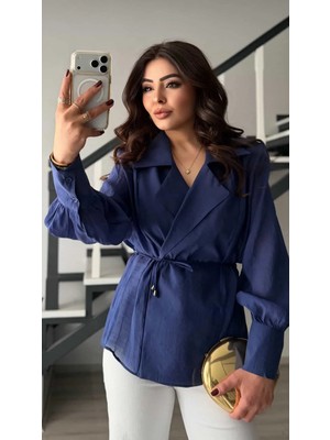 Elisin Lacivert Vatkalı Tül Gömlek