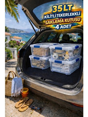 Loremp 4’lü 35 Lt Tekerlekli Kilitli Saklama Kutusu Şeffaf Depolama Organizer Seti