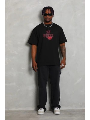 Beruflic Erkek Baskılı Tişort Kısa Kol Bisiklet Yaka Ovarsize T-Shirt - Siyah