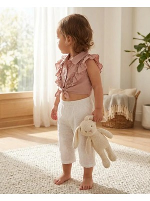 Serkon Kız Çocuk Fırfırlı Bluz ve Brode Pantolon  – Pudra Gömlek Yaka Şık Yazlık 2’li Kombin Set