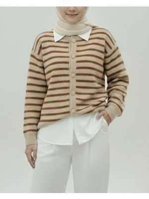 Modamorfo Yuvarlak Yaka Çizgili Düğmeli Yumoş Triko Hırka -Kahve