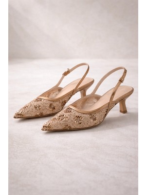 Best Cover Rosabella Kadın Pul Boncuk Işlemeli Tül Detaylı Ince Topuklu Slingback Abiye Ayakkabı