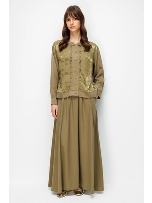 Micca %100 Doğal Lyocell Maxi Dökümlü Soft Kumaş Etek ve Özel Desen Geçişli Ceket Kombinli Takım-Haki
