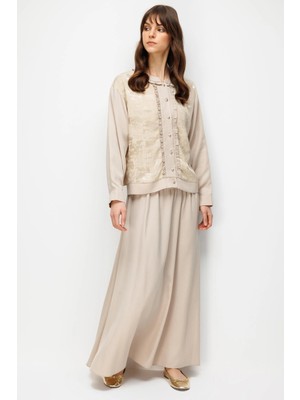Micca %100 Doğal Lyocell Maxi Dökümlü Soft Kumaş Etek ve Özel Desen Geçişli Ceket Kombinli Takım-Taş