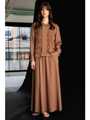 Micca %100 Doğal Lyocell Maxi Dökümlü Soft Kumaş Etek ve Özel Desen Geçişli Ceket Kombinli Takım-Kahve