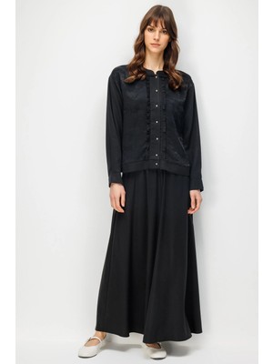 Micca %100 Doğal Lyocell Maxi Dökümlü Soft Kumaş Etek ve Özel Desen Geçişli Ceket Kombinli Takım-Siyah
