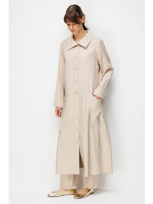 Micca %100 Doğal Lyocell Maxi Dökümlü Soft Kumaş Garni Kumaşlı Zamansız Kap Ferace-Taş