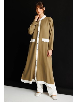 Micca %100 Doğal Lyocell Maxi Dökümlü Soft Kumaş Summer Garnili Maxi Elbise Ferace-Haki