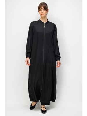 Micca %100 Doğal Lyocell Maxi Dökümlü Soft Step File Garni Detaylı Ferace-Siyah