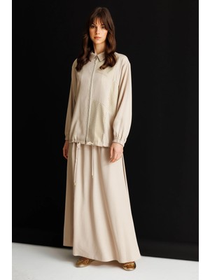 Micca %100 Doğal Lyocell Maxi Dökümlü Soft Kumaş Step File Garni Detaylı Ceket ve Etek Kombinli Takım-Taş
