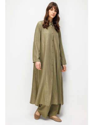 Micca Fenıx Özel Desen Soft Kumaş Beden Ipekçe Sırt Aller Detaylı Maxi Tunik ve Pantalon Kombinli Takım-Haki