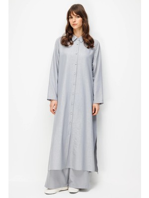 Micca Fenıx Özel Desen Soft Kumaş Beden Ipekçe Sırt Aller Detaylı Maxi Tunik ve Pantalon Kombinli Takım-Gri