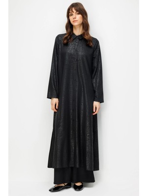 Micca Fenıx Özel Desen Soft Kumaş Beden Ipekçe Sırt Aller Detaylı Maxi Tunik ve Pantalon Kombinli Takım-Siyah