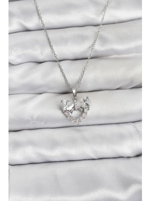 Nexgen 316L Çelik Zincir Gümüş Renk Kalp ve Fiyonk Model Zirkon Taşlı Kadın Kolye