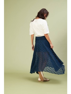 Kadın Siyah Astarlı Uzun Asimetrik Dantel Etek