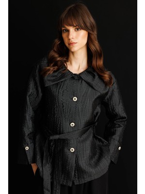 Micca %100 Doğal Lyocell Maxi Dökümlü Soft Kumaş Etek ve Özel Jakar Kumaş Ceket  Kombinli Takım-Siyah