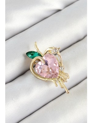 Inure Jewelry Pembe Ve Yeşil Zirkon Taşlı 3D Eriyen Kalp Figürlü Gold Renk Kadın Broş