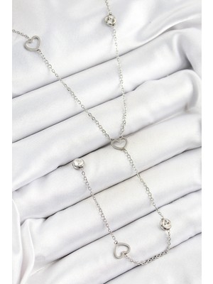 Nexgen 316L Çelik Zirkon Taşlı Kalp Figürlü Y Model Gümüş Renk Kadın Kolye