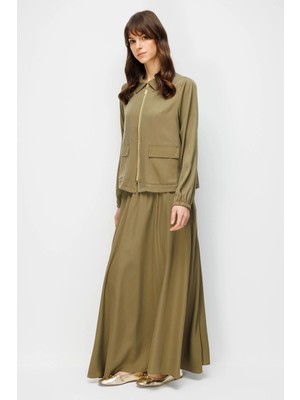 Micca %100 Doğal Lyocell Maxi Dökümlü Soft Kumaş Özel Ceket ve Etek Kombinli Takım-Haki