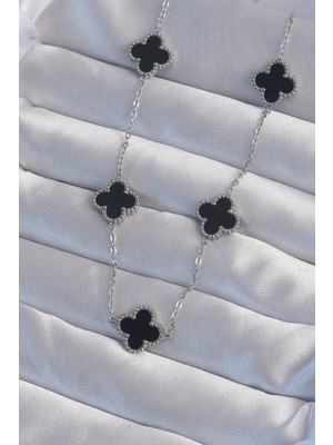 Nexgen 316L Çelik Gümüş Renk Siyah Mineli Yonca Kolye