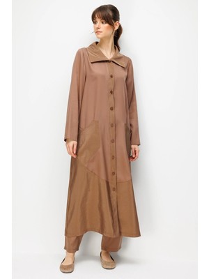 Micca %100 Doğal Lyocell Maxi Dökümlü Soft Kumaş Garni Kumaşlı Zamansız Kap Ferace-Kahve