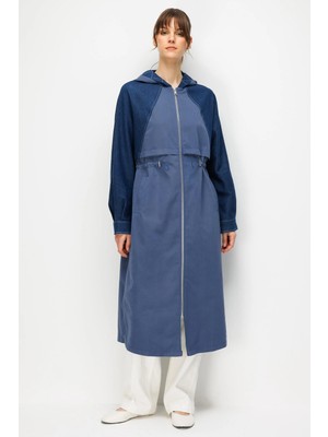 Micca %100 Pamuk Yıkanmış Soft Denim ve Garni Kumaşlı Zamansız Trench Kap-Indigo