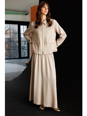 Micca %100 Doğal Lyocell Maxi Dökümlü Soft Kumaş Özel Ceket ve Etek Kombinli Takım-Taş