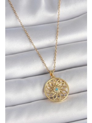 Nexgen 316L Çelik Gold Renk Zincr Mavi Taşlı Lotus Model Kadın Kolye