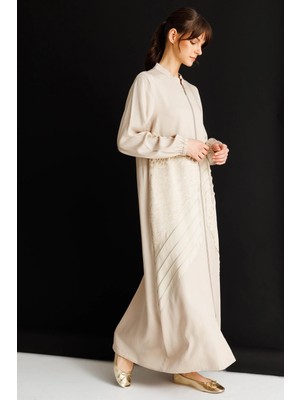 Micca %100 Doğal Lyocell Maxi Dökümlü Soft Kumaş Garni ve Elişi Nervür Detaylı Ferace-Taş