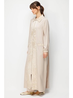 Micca %100 Doğal Lyocell Maxi Dökümlü Soft Kumaş ve Desen Geçişli Ferace-Taş