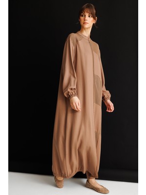 Micca %100 Doğal Lyocell Maxi Dökümlü Soft Step File Garni Detaylı Ferace-Kahve